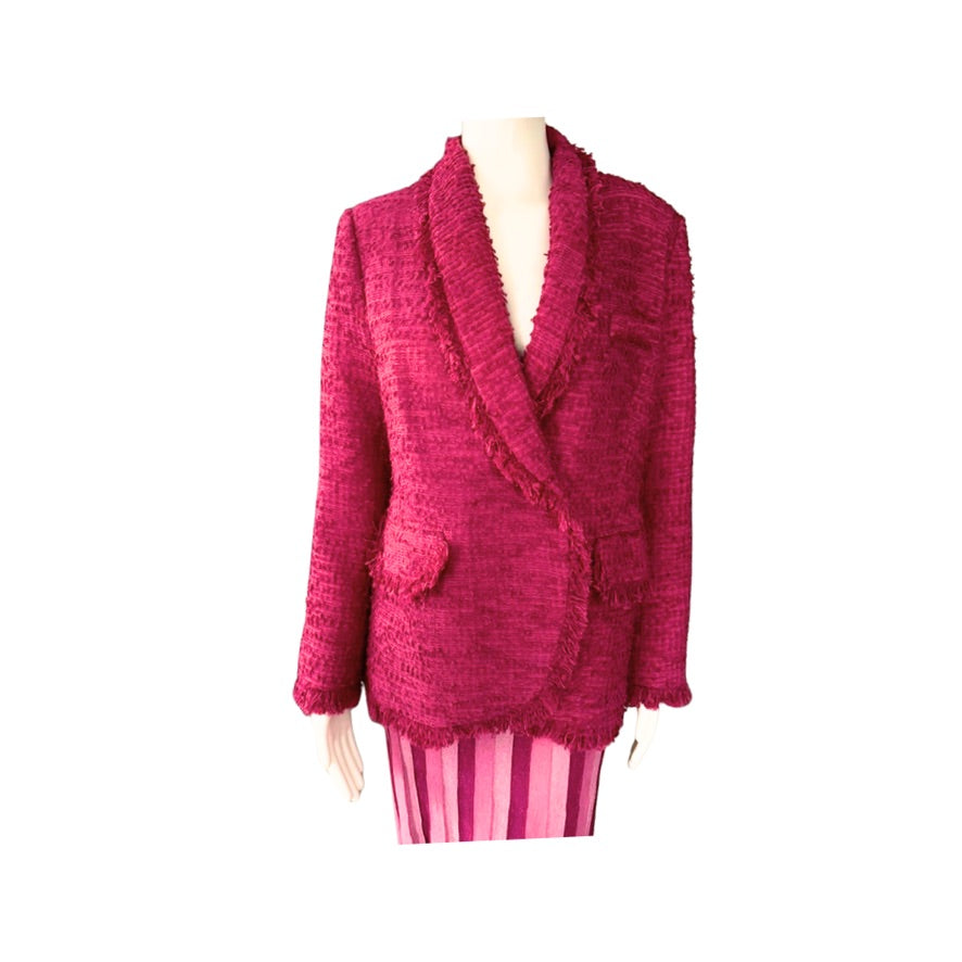Pink textured jacket on a mannequin against a white background