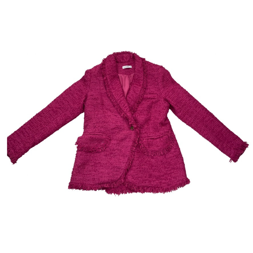 Pink textured blazer on a white background