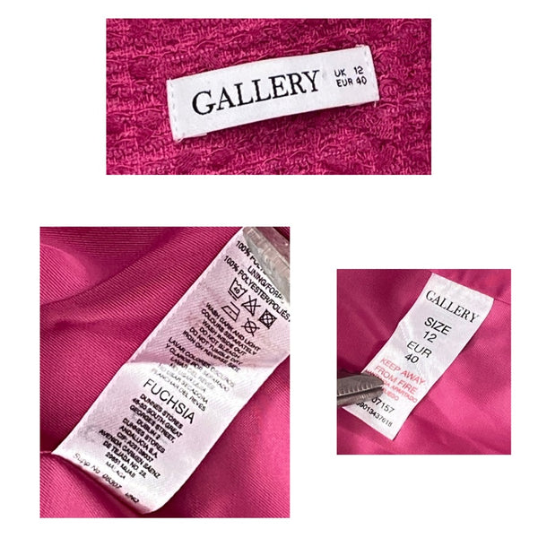 Close-up of clothing labels on a pink fabric background