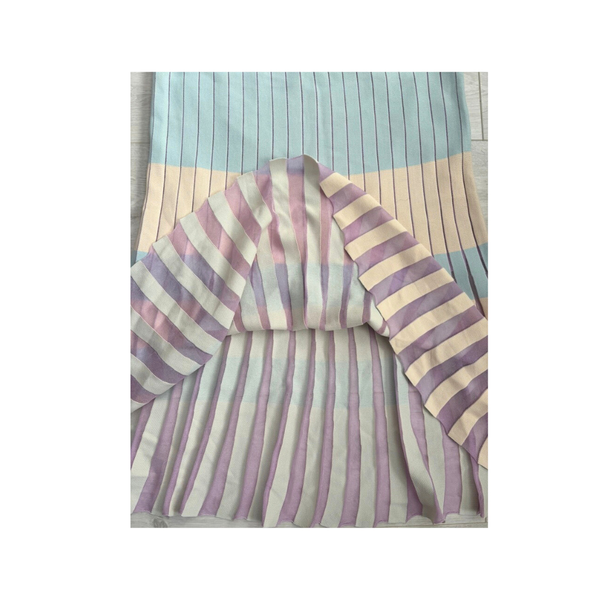 Striped fabric with purple, beige, and blue pattern on a white background