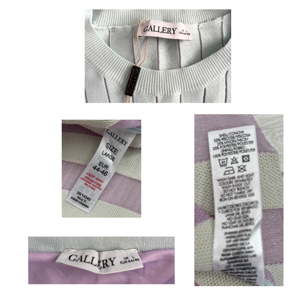 Collage of clothing labels with 'GALLERY' branding on a white background