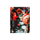 Floral patterned fabric with red, white, and blue flowers on a black background