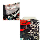 Colorful patterned pouch with a brand label on a white background