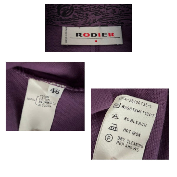 Close-up of a RODIER label on a garment with size and care instructions.
