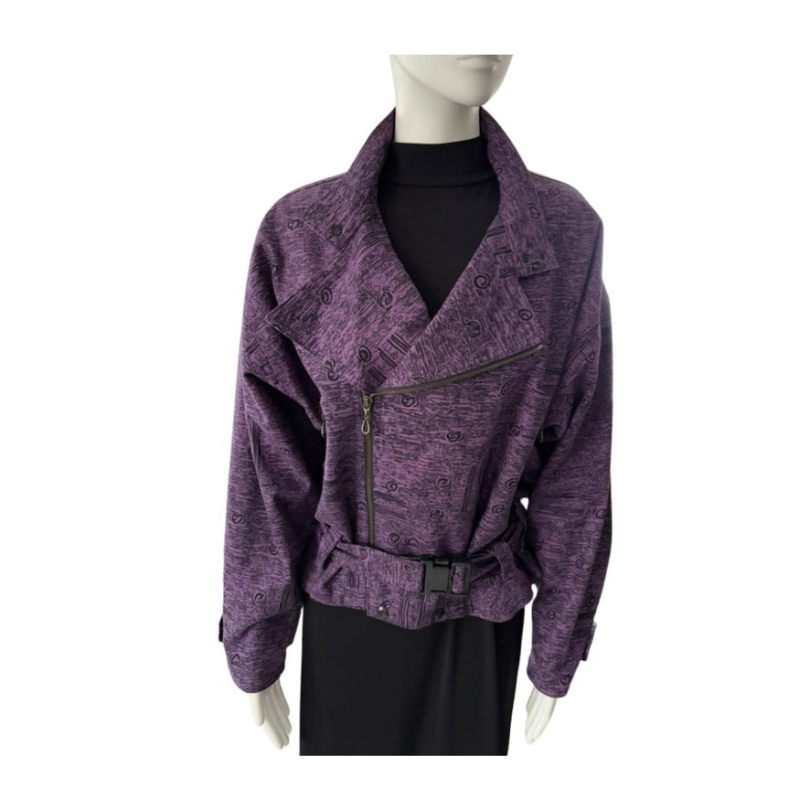 Purple jacket on a mannequin against a white background