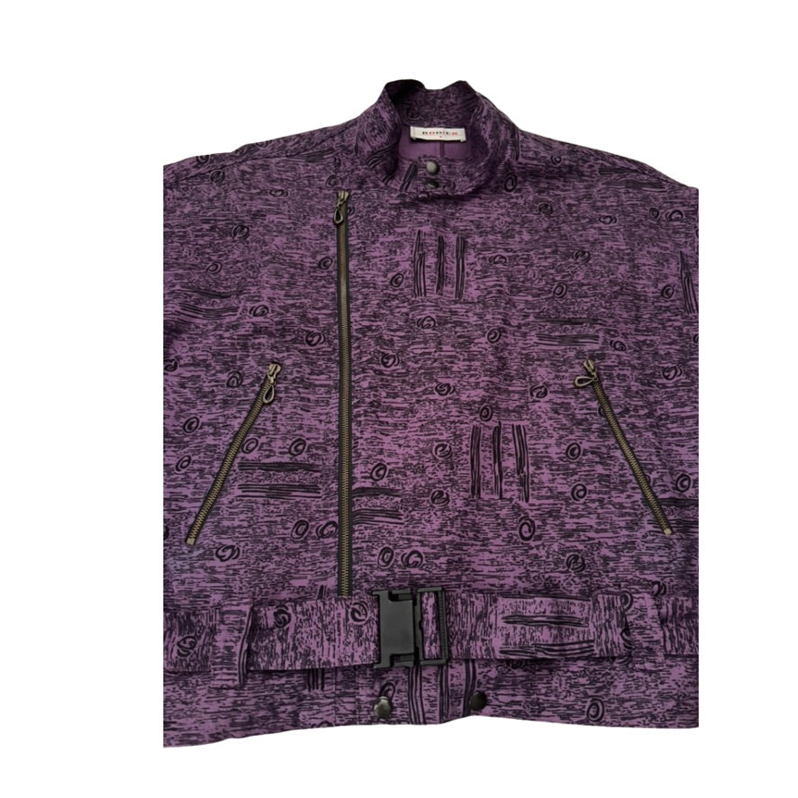 Purple patterned jacket with zippers on a white background