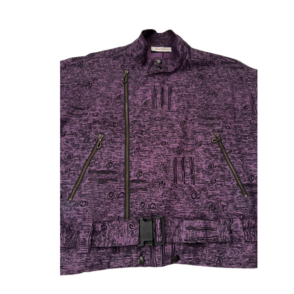 Purple patterned jacket with zippers on a white background