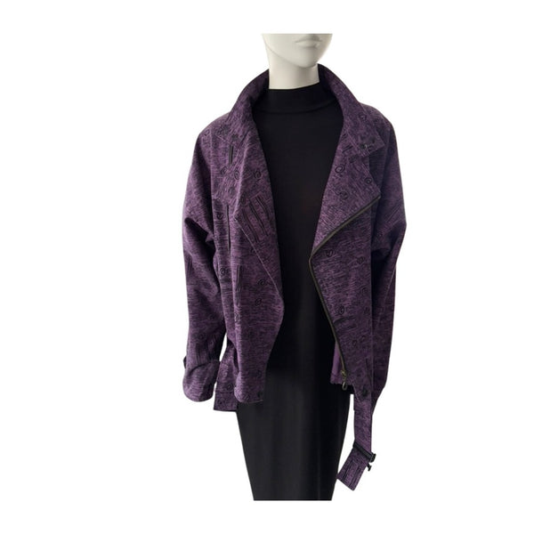 Purple jacket on a mannequin against a white background