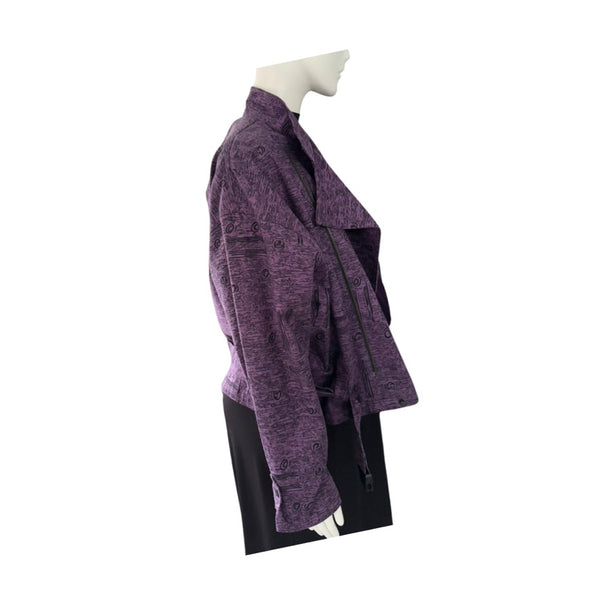 Purple jacket on a mannequin against a white background