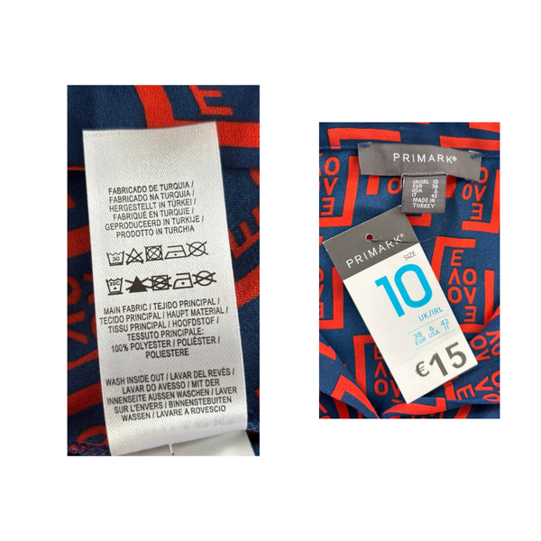 Clothing tags with Primark branding and product details on a blue and red patterned background.