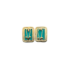 Pair of gold earrings with turquoise stones on a white background