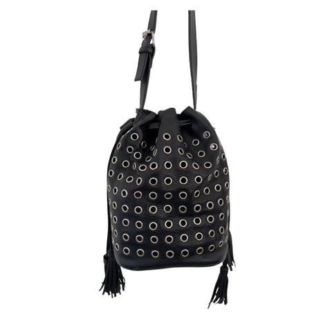 Grommet Faux Leather Tassel Bucket Crossbody Bag Black – Preloved