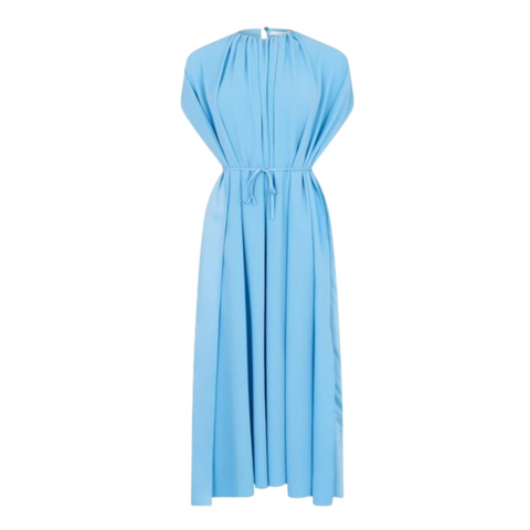 A sky blue Hugo Boss caftan style dress with fluid silhouette and cape detail over the shoulders.