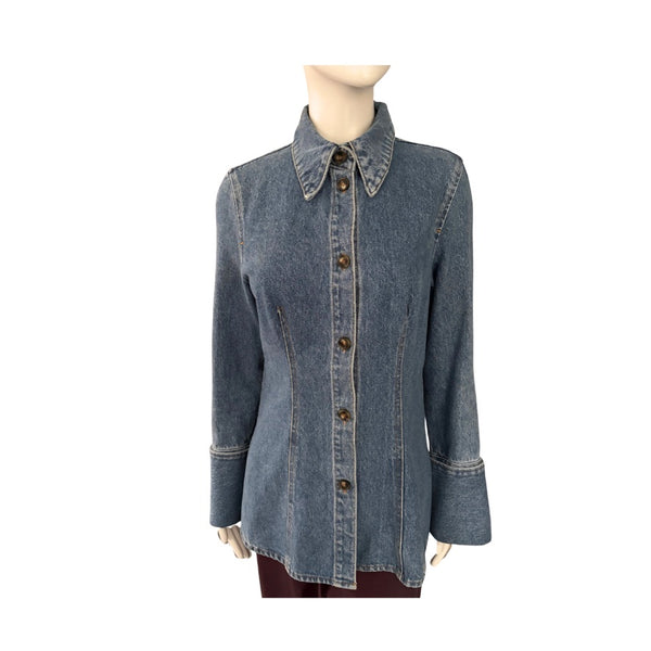 Denim shirt on a mannequin against a white background