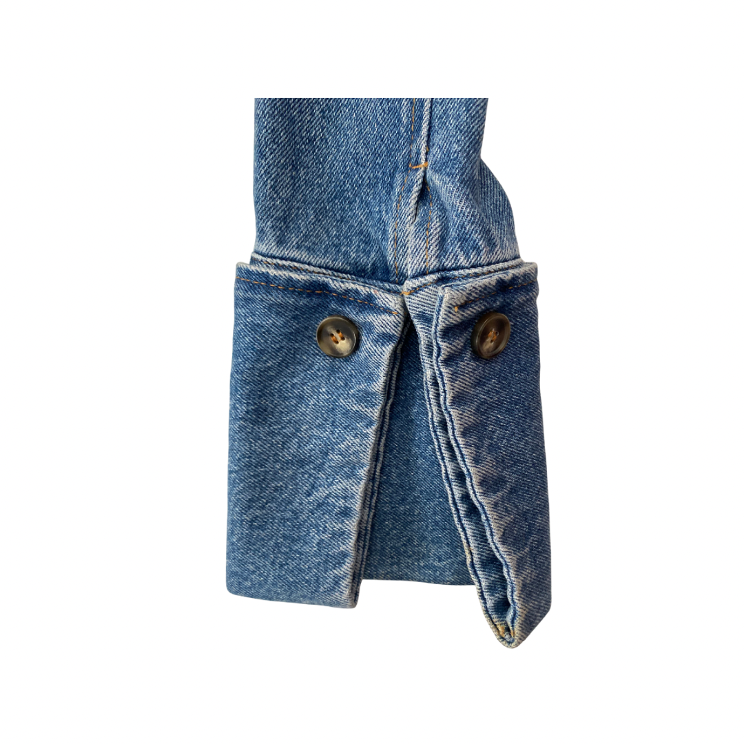 Close-up of a denim jacket with button details on a white background