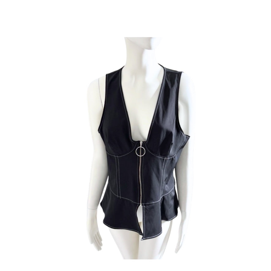 Black leather vest on a mannequin against a white background