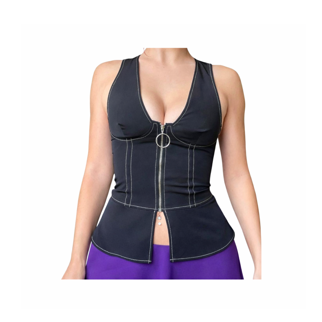 black corset style vest top worn by a person on a white background