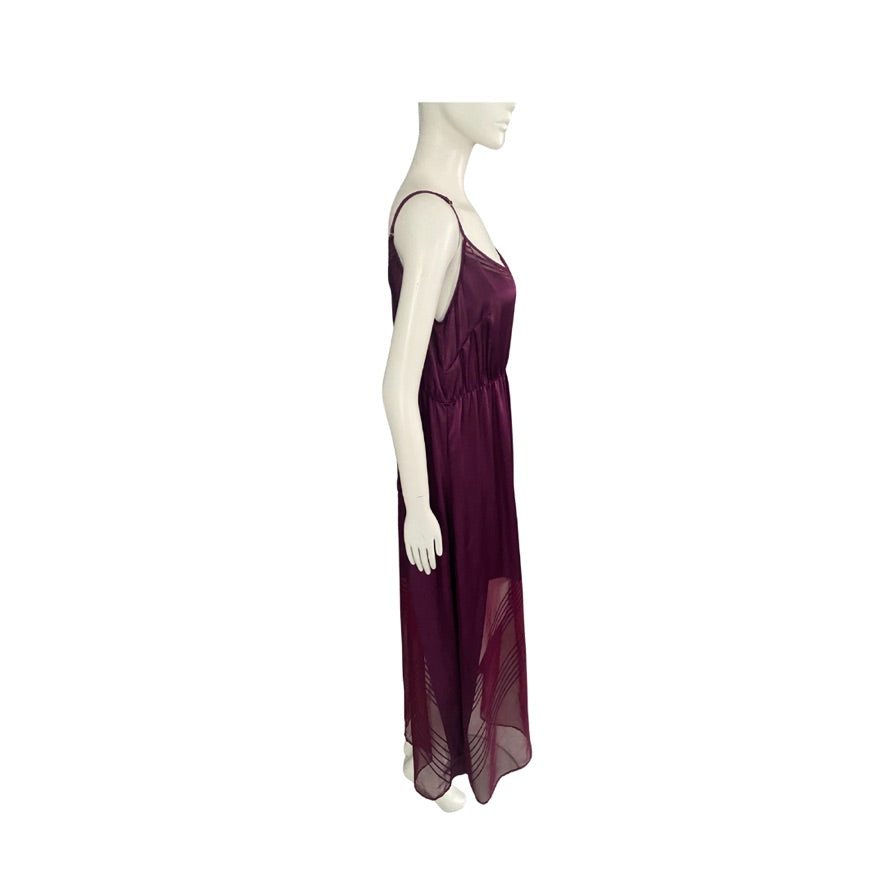 Mannequin wearing a burgundy slip dress on a white background