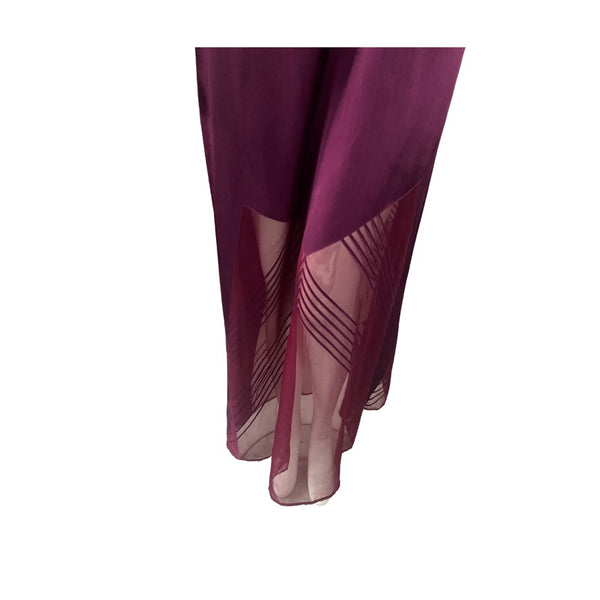 Burgundy sheer fabric with geometric pattern on a white background