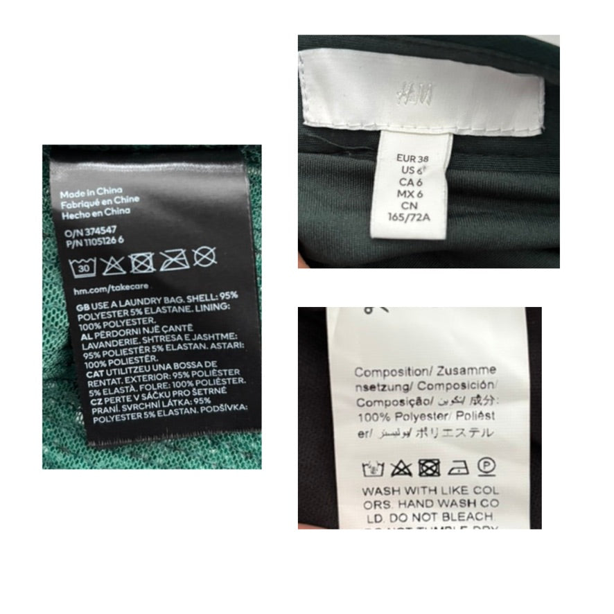 Collage of three clothing labels with text and symbols on a white background