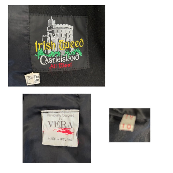 Clothing labels with 'Irish Tweed Castleisland' and 'Vera' branding on a black background.