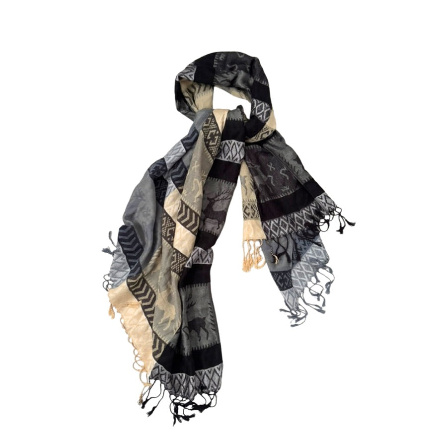 Patterned scarf with tassels on a white background