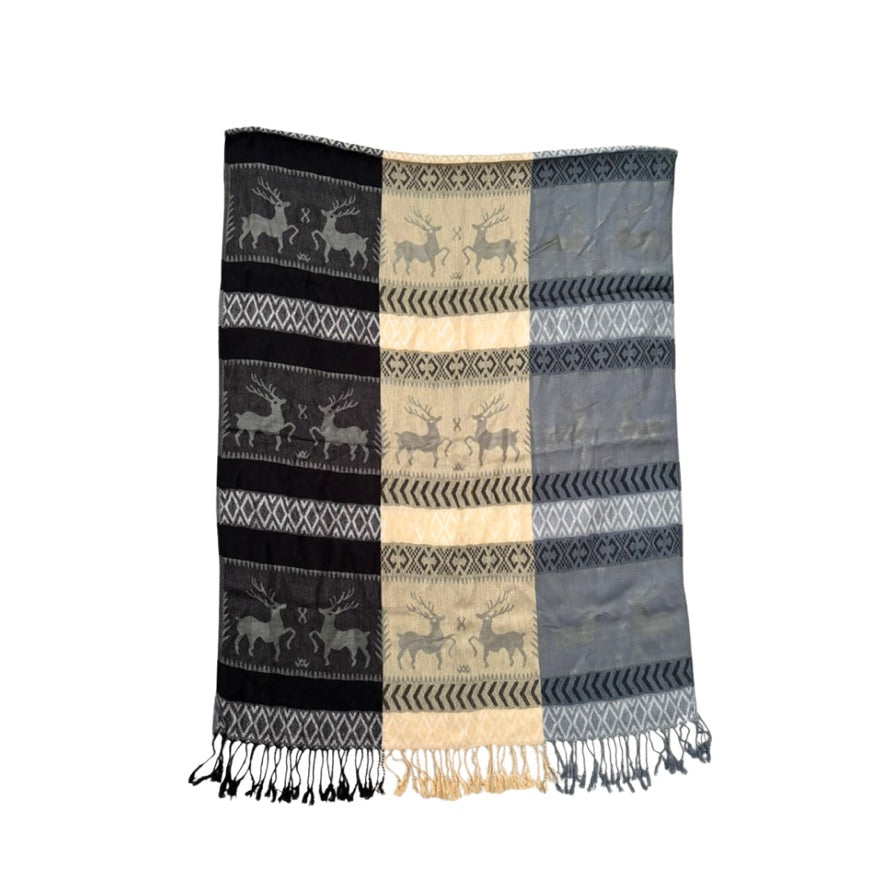 Patterned scarf with deer design on a white background