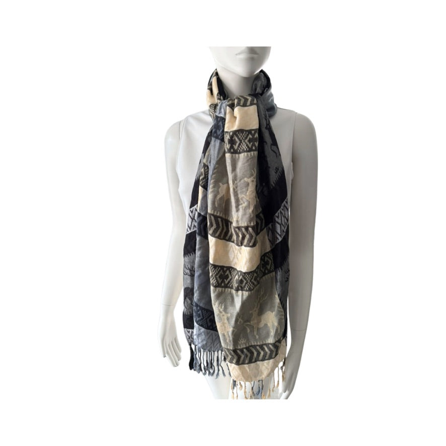 Mannequin wearing a patterned scarf on a white background