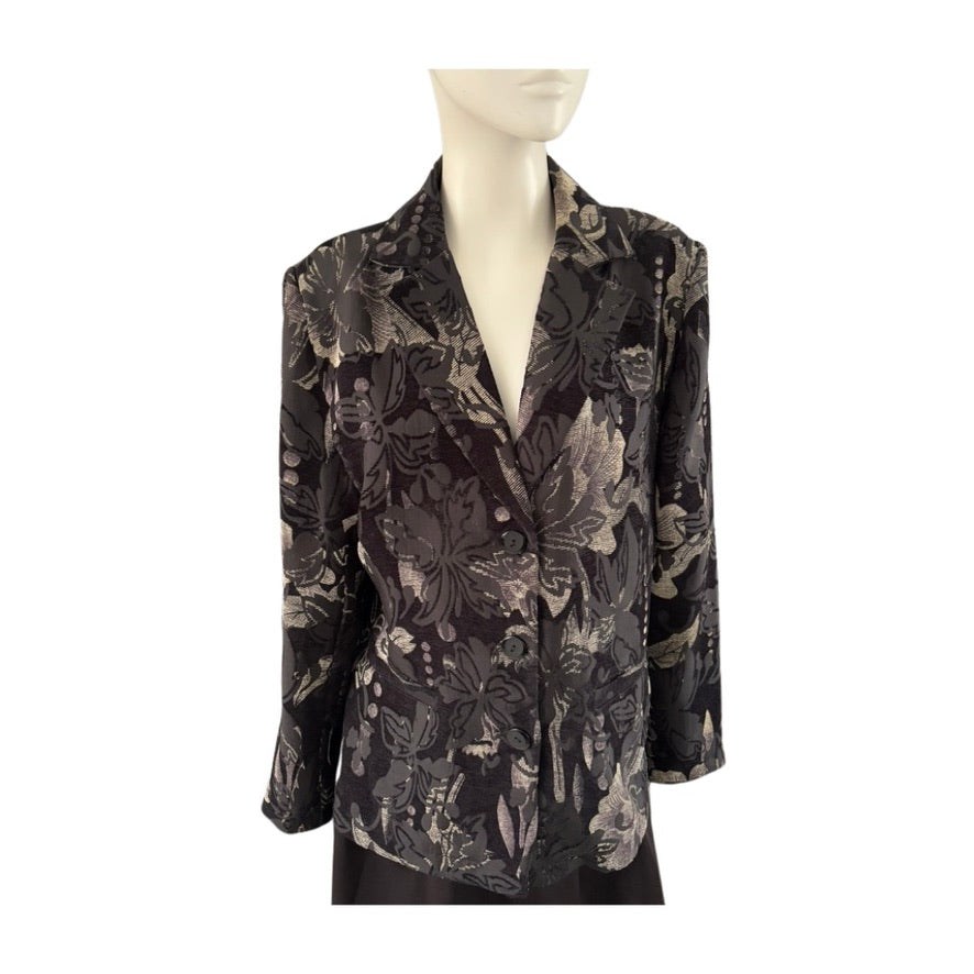 Black floral patterned blazer on a mannequin against a white background