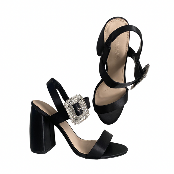 Jewel Oversized Buckle Block Heel Slingback Sandals Black SIZE 41 - New