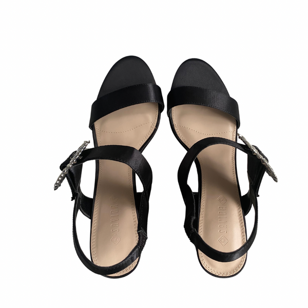 Jewel Oversized Buckle Block Heel Slingback Sandals Black SIZE 41 - New