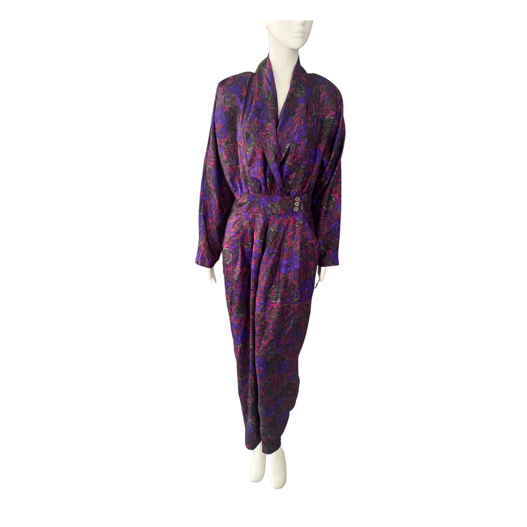 Purple patterned robe on a mannequin against a white background