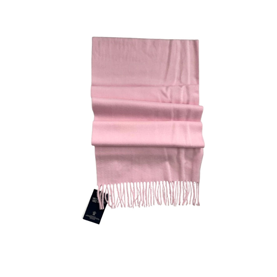 Pink scarf with a brand tag on a white background