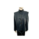 Mannequin wearing a dark gray raincoat with brown buttons on a white background