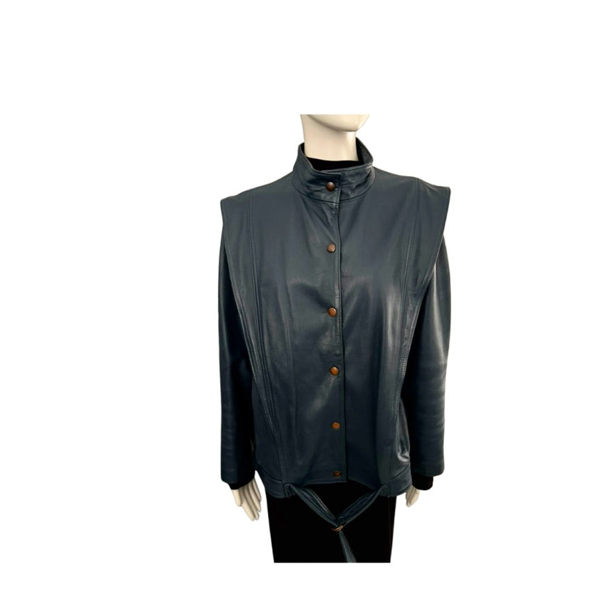 Mannequin wearing a dark gray raincoat with brown buttons on a white background