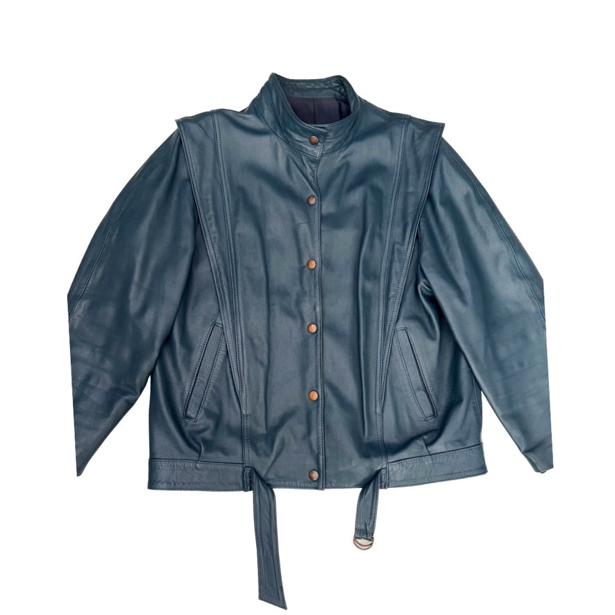 Blue leather jacket with buttons on a white background