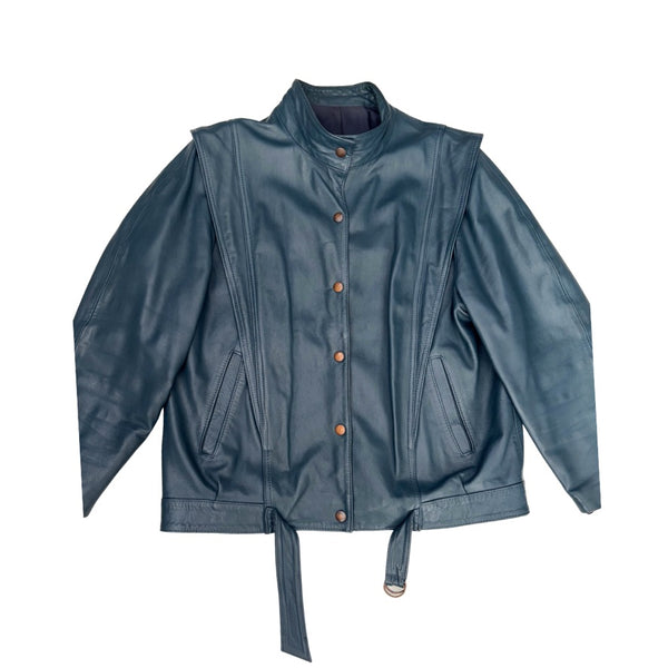 Blue leather jacket with buttons on a white background