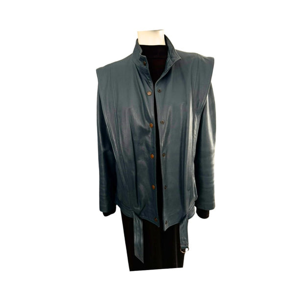 Mannequin wearing a blue leather jacket with buttons on a white background