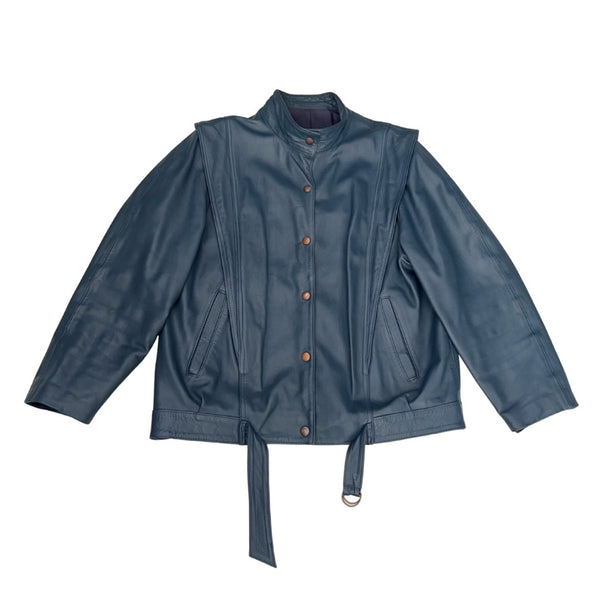 Blue leather jacket with buttons on a white background