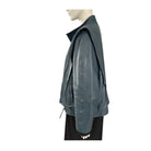 Blue leather jacket on a mannequin against a white background