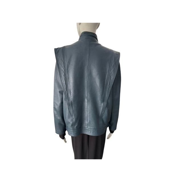 Blue leather jacket on a mannequin against a white background