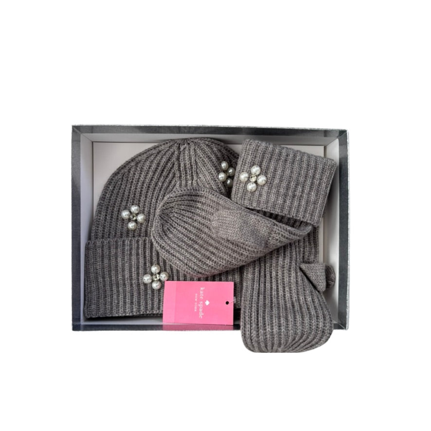 Grey knit set with pearl embellishments in a box on a white background