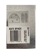 Kate Spade product tag with a hat and glove design on a grey background