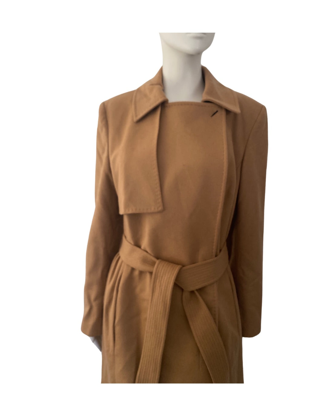 Tan trench coat on a mannequin against a white background