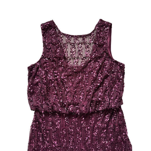 plum sequin dress on a white background