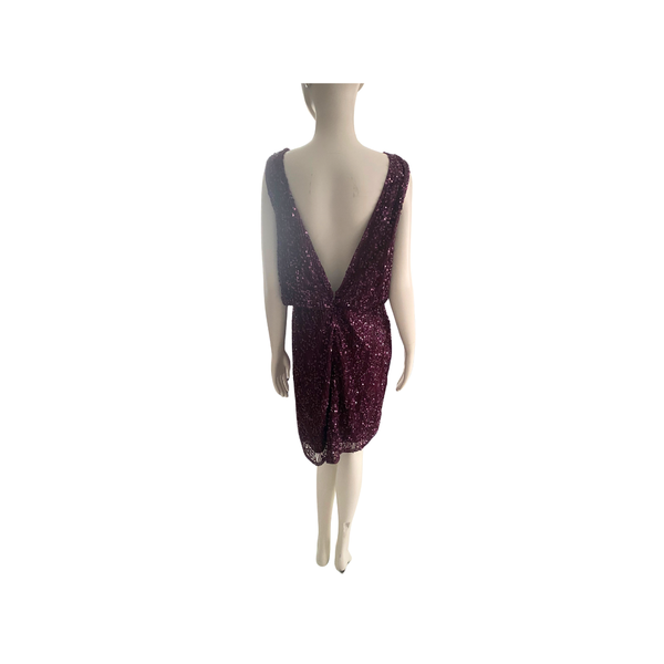 Mannequin wearing a sparkly burgundy dress on a white background