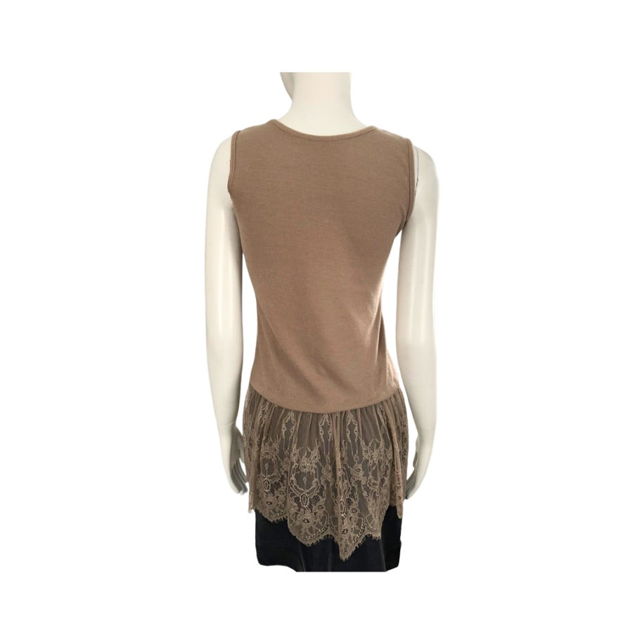 Mannequin wearing a brown sleeveless top with lace trim on a white background