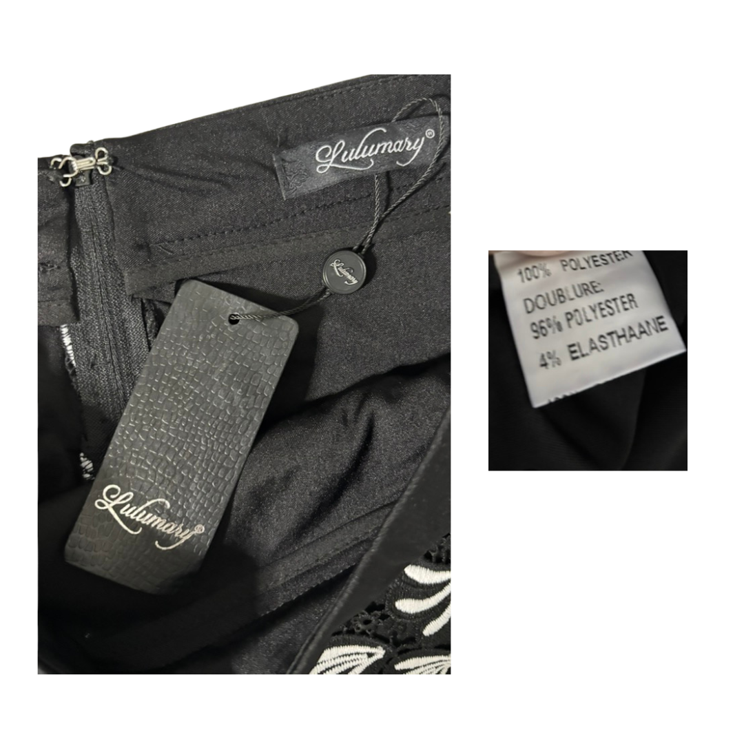 Close-up of a black garment with Lululemon branding, including a tag and label.