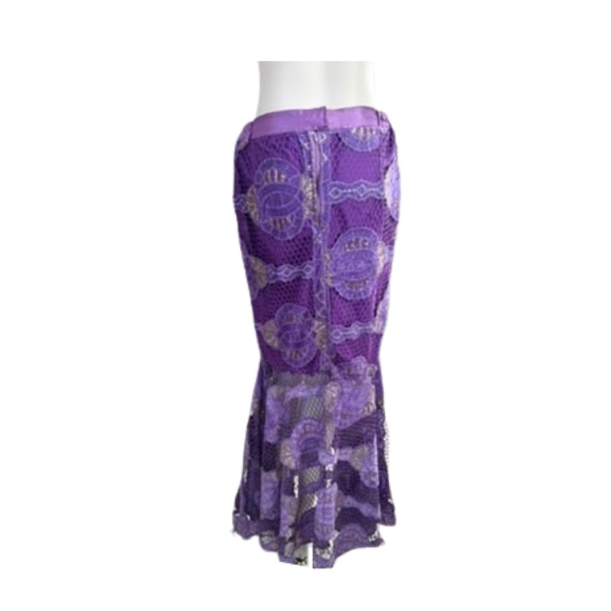 Purple patterned skirt on a mannequin against a white background
