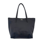 Black tote bag with a visible brand logo on a white background